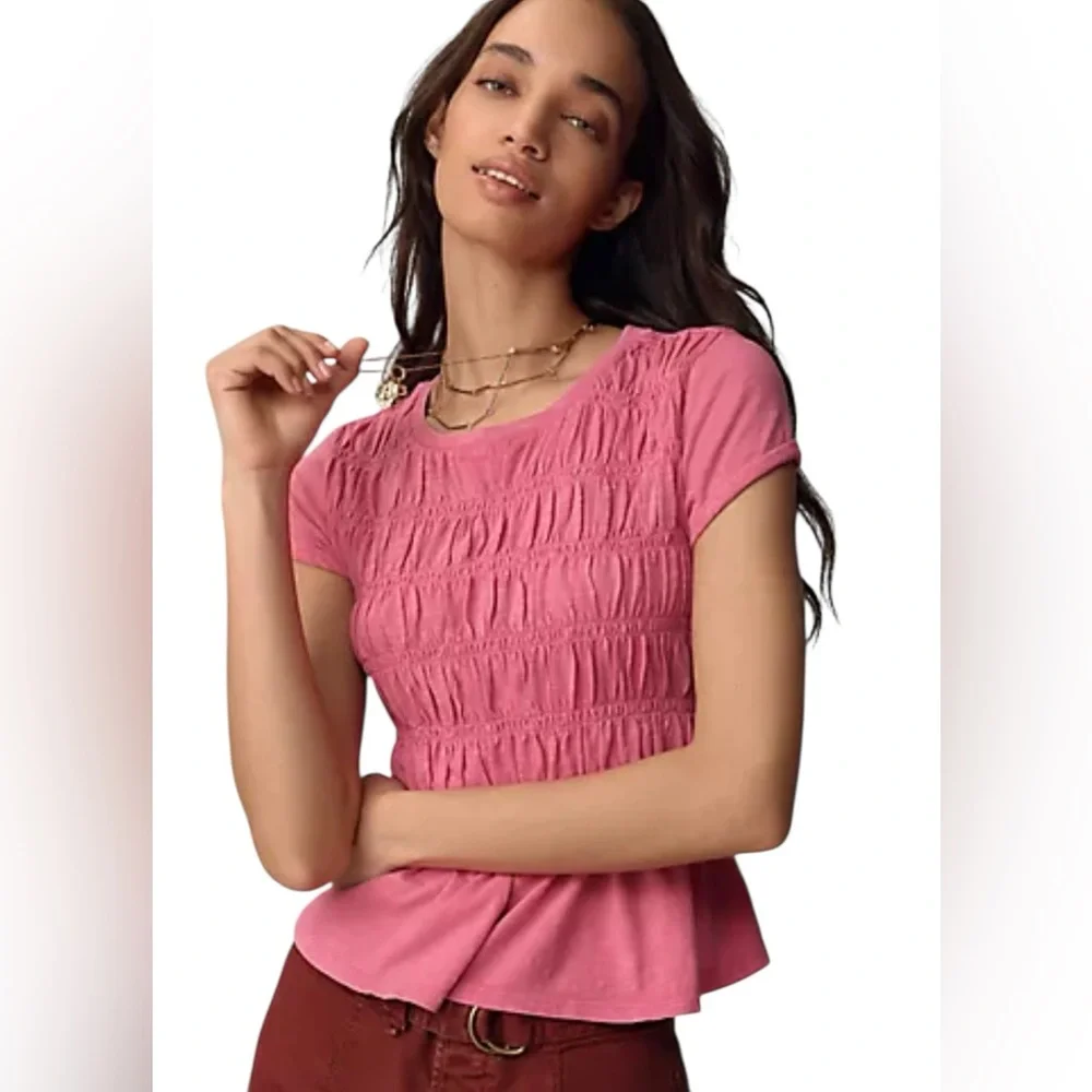 Anthropologie Pilcro Garment Dyed Ruched Crew Neck Cap Sleeve Tee - Picture 1 of 6